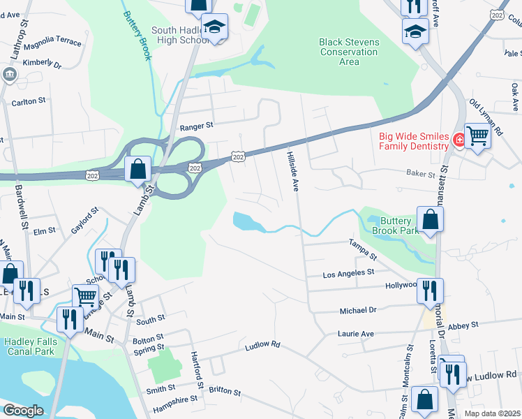 map of restaurants, bars, coffee shops, grocery stores, and more near 16 Hillcrest Park in South Hadley