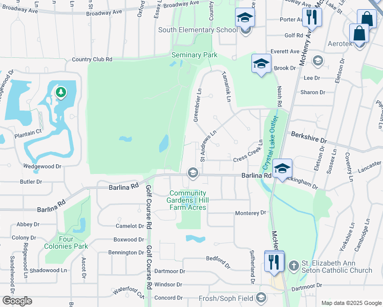 map of restaurants, bars, coffee shops, grocery stores, and more near 710 Saint Andrews Lane in Crystal Lake