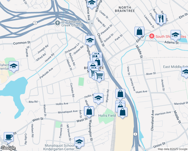 map of restaurants, bars, coffee shops, grocery stores, and more near in Braintree