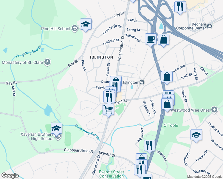 map of restaurants, bars, coffee shops, grocery stores, and more near 19 Fairview Street in Westwood