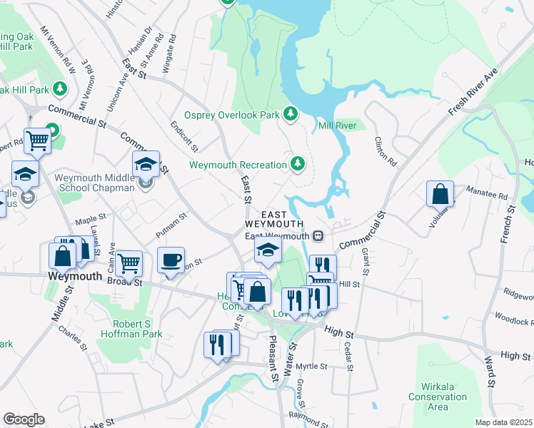 map of restaurants, bars, coffee shops, grocery stores, and more near 16 Depot St in Weymouth