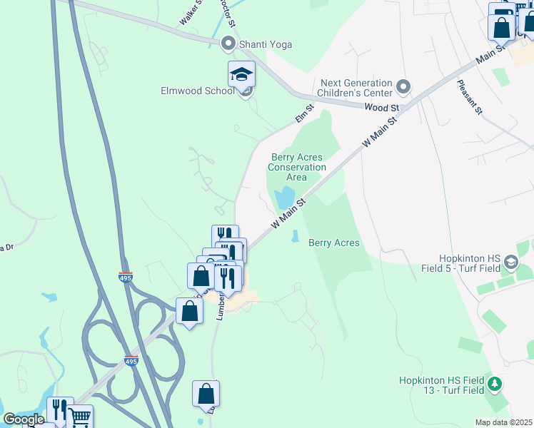 map of restaurants, bars, coffee shops, grocery stores, and more near 50 West Main Street in Hopkinton
