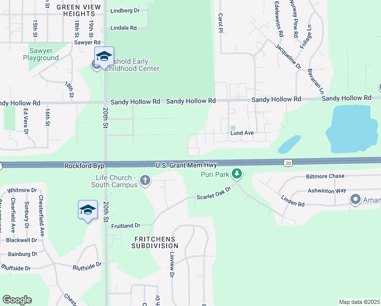 map of restaurants, bars, coffee shops, grocery stores, and more near 2665 Lund Avenue in Rockford