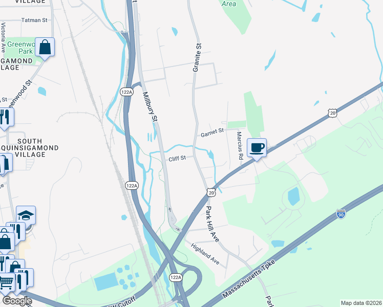 map of restaurants, bars, coffee shops, grocery stores, and more near 23 Cliff Street in Worcester