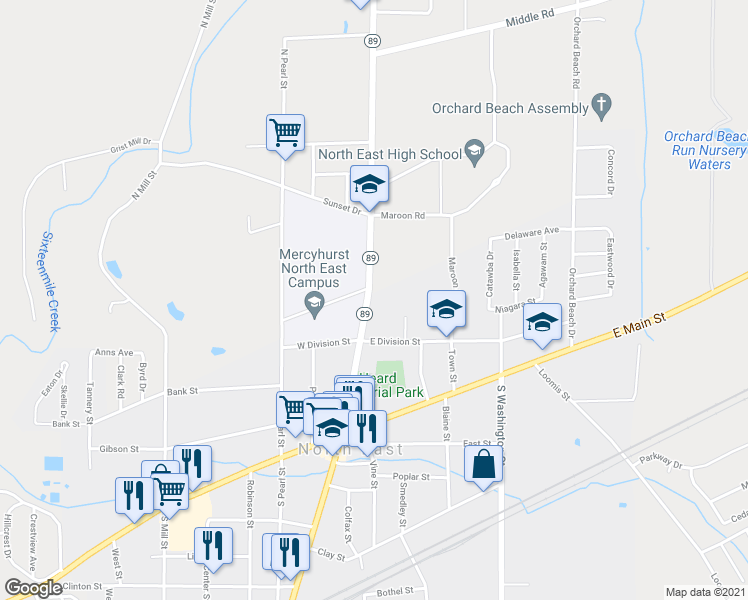 map of restaurants, bars, coffee shops, grocery stores, and more near 86 North Lake Street in North East