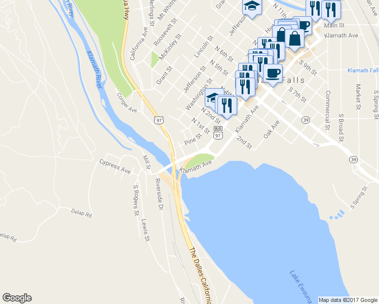 map of restaurants, bars, coffee shops, grocery stores, and more near 31 Main Street in Klamath Falls