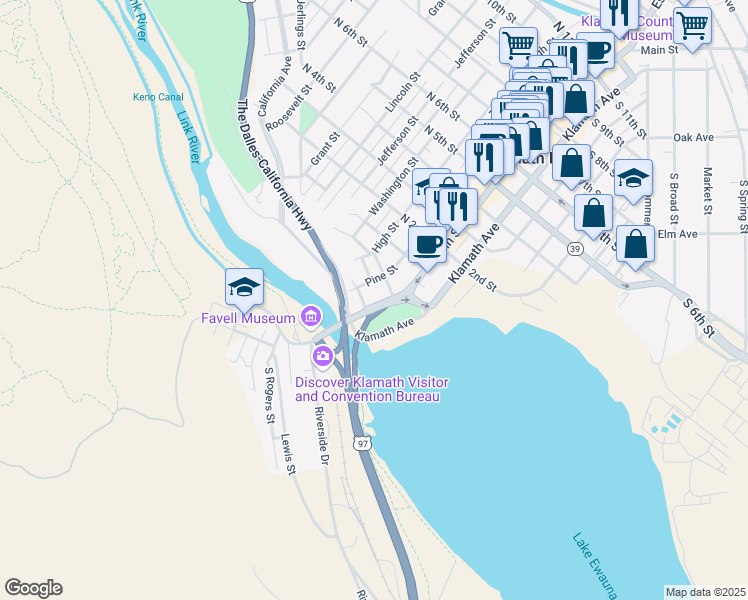 map of restaurants, bars, coffee shops, grocery stores, and more near 31 Main Street in Klamath Falls