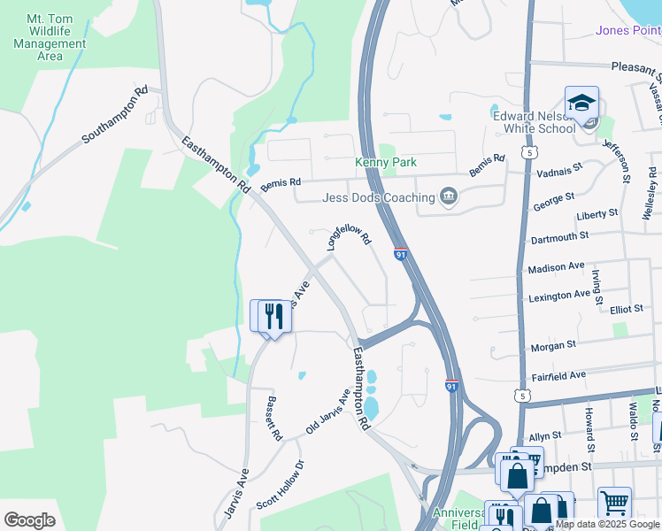 map of restaurants, bars, coffee shops, grocery stores, and more near 4 Burns Way in Holyoke