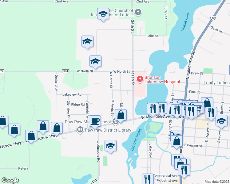 map of restaurants, bars, coffee shops, grocery stores, and more near 319 West Willard Street in Paw Paw