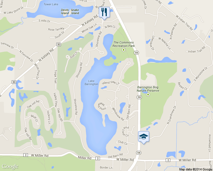 map of restaurants, bars, coffee shops, grocery stores, and more near 321 Island View Lane in Lake Barrington