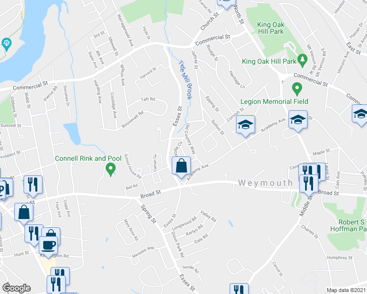 map of restaurants, bars, coffee shops, grocery stores, and more near 29 Karen Lane in Weymouth