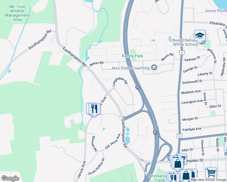 map of restaurants, bars, coffee shops, grocery stores, and more near 4 Burns Way in Holyoke