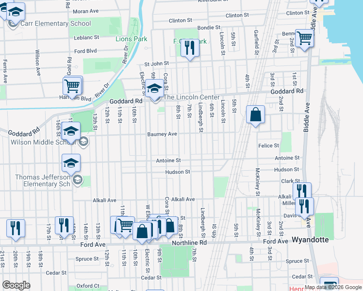 map of restaurants, bars, coffee shops, grocery stores, and more near 1241 8th Street in Wyandotte