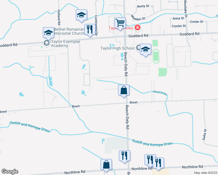 map of restaurants, bars, coffee shops, grocery stores, and more near 26048 Airline Street in Taylor