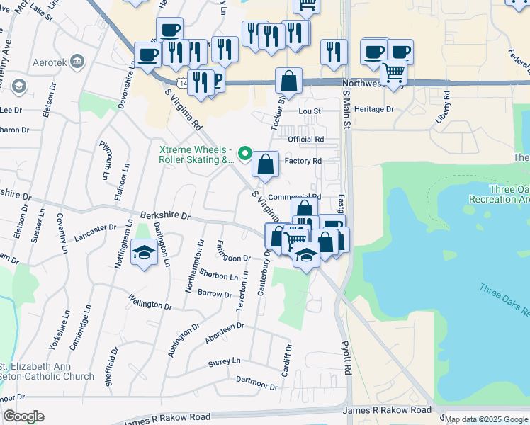 map of restaurants, bars, coffee shops, grocery stores, and more near 10 South Virginia Road in Crystal Lake