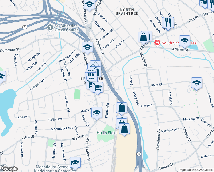 map of restaurants, bars, coffee shops, grocery stores, and more near 20 Hooker Street in Braintree