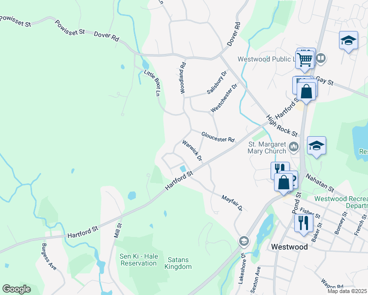 map of restaurants, bars, coffee shops, grocery stores, and more near 60 Warwick Drive in Westwood