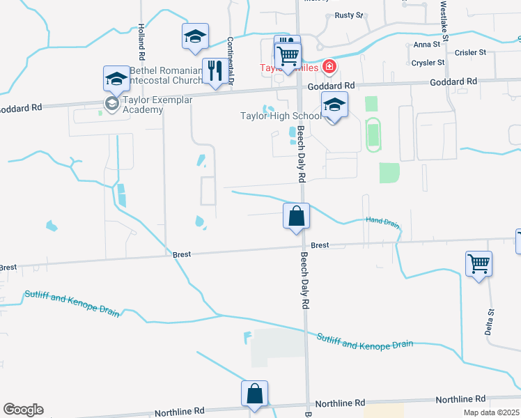 map of restaurants, bars, coffee shops, grocery stores, and more near 26048 Airline Street in Taylor