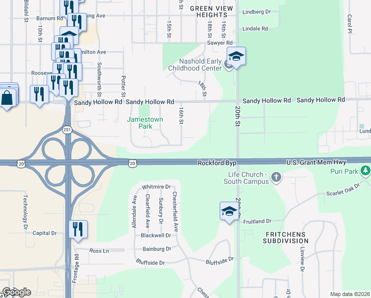 map of restaurants, bars, coffee shops, grocery stores, and more near 2113 Jamestown Drive in Rockford