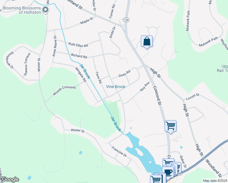 map of restaurants, bars, coffee shops, grocery stores, and more near 94 Westfield Drive in Holliston