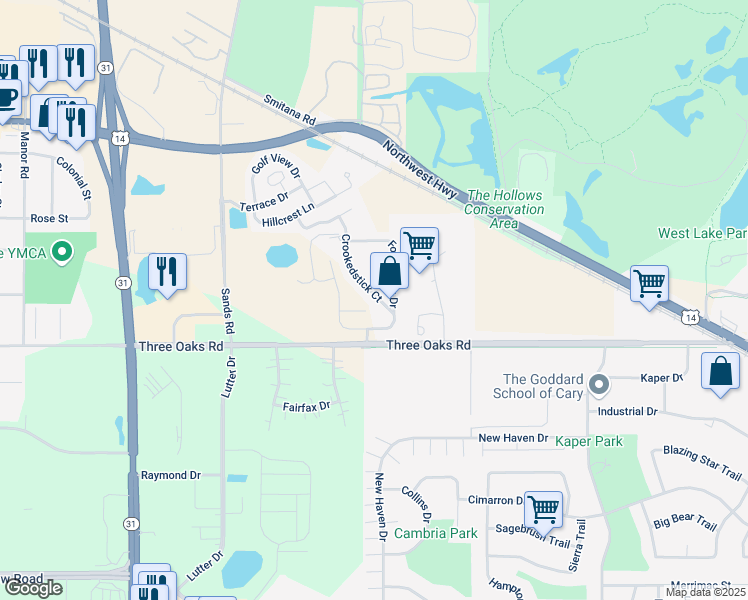 map of restaurants, bars, coffee shops, grocery stores, and more near 3 South Oak Street in Crystal Lake