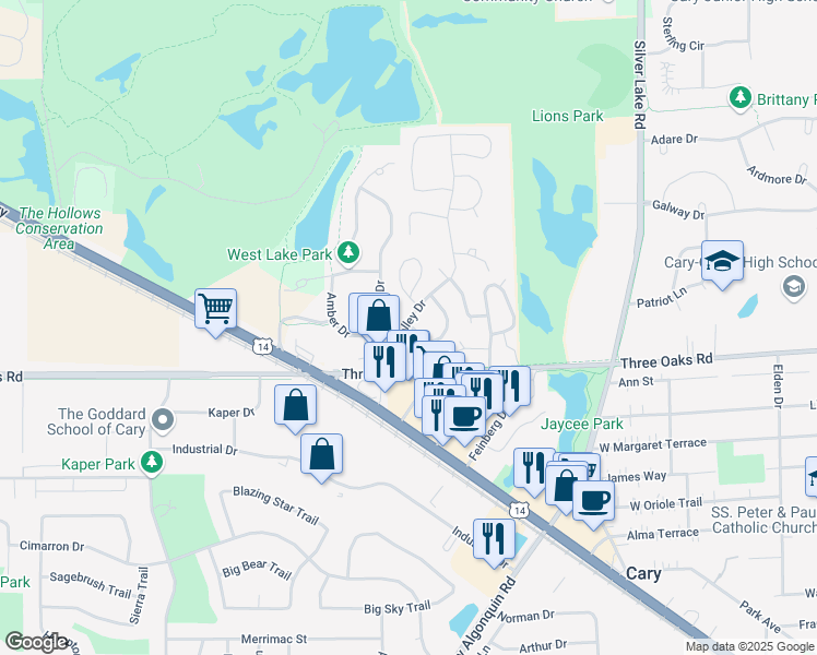map of restaurants, bars, coffee shops, grocery stores, and more near 30 Oak Valley Drive in Cary