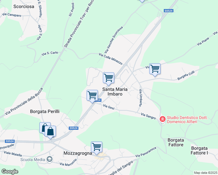 map of restaurants, bars, coffee shops, grocery stores, and more near 12 SS524 in Provincia di Chieti