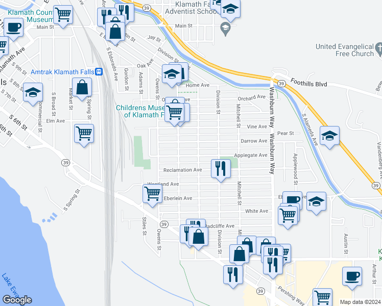 map of restaurants, bars, coffee shops, grocery stores, and more near 2140 Applegate Avenue in Klamath Falls