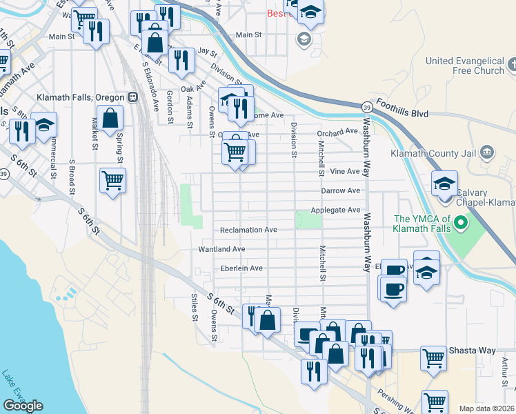 map of restaurants, bars, coffee shops, grocery stores, and more near 2145 Applegate Avenue in Klamath Falls