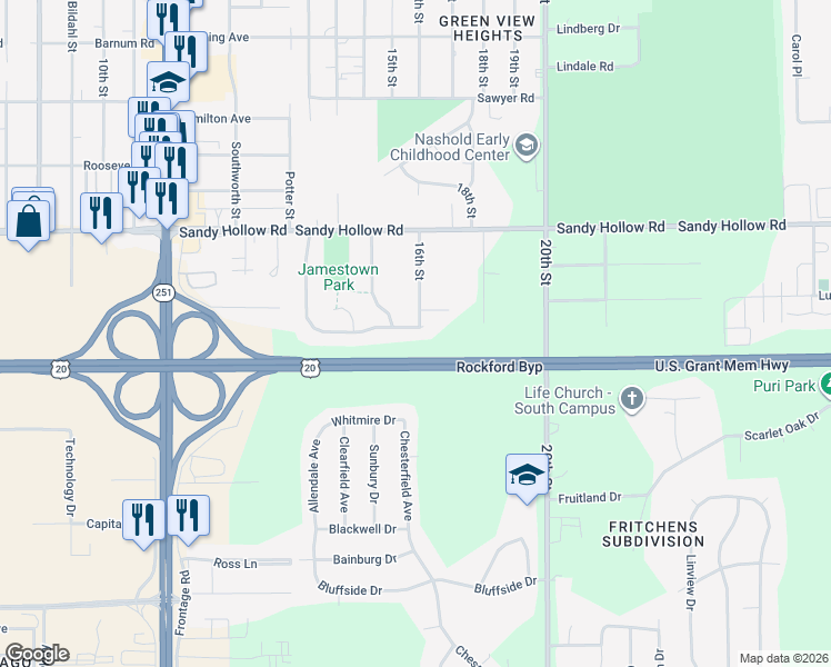 map of restaurants, bars, coffee shops, grocery stores, and more near 2113 Jamestown Drive in Rockford