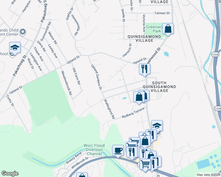 map of restaurants, bars, coffee shops, grocery stores, and more near 56 Spofford Road in Worcester