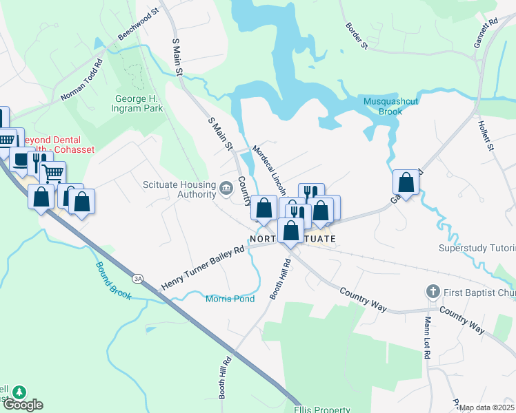 map of restaurants, bars, coffee shops, grocery stores, and more near 6 Bound Brook Court in Scituate