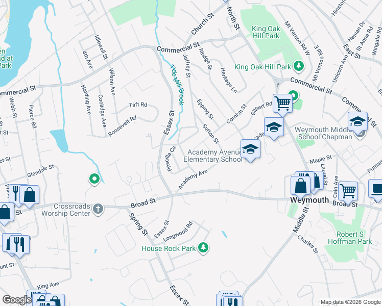 map of restaurants, bars, coffee shops, grocery stores, and more near 51 Oak Ridge Circle in Weymouth