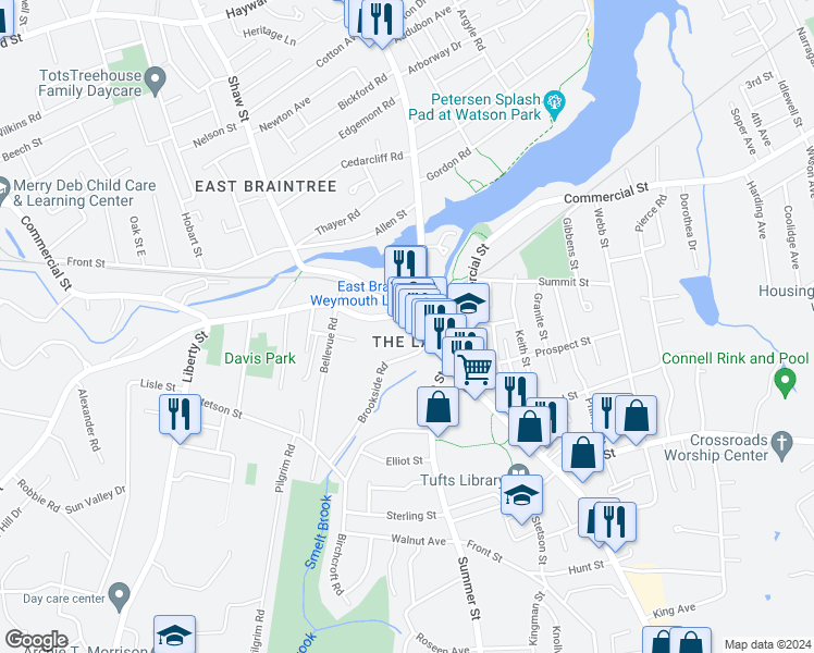 map of restaurants, bars, coffee shops, grocery stores, and more near 40 Commercial Street in Braintree