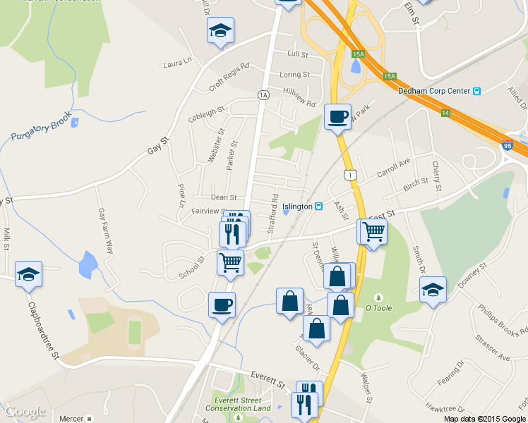 map of restaurants, bars, coffee shops, grocery stores, and more near 15 Pettigrew Place in Westwood