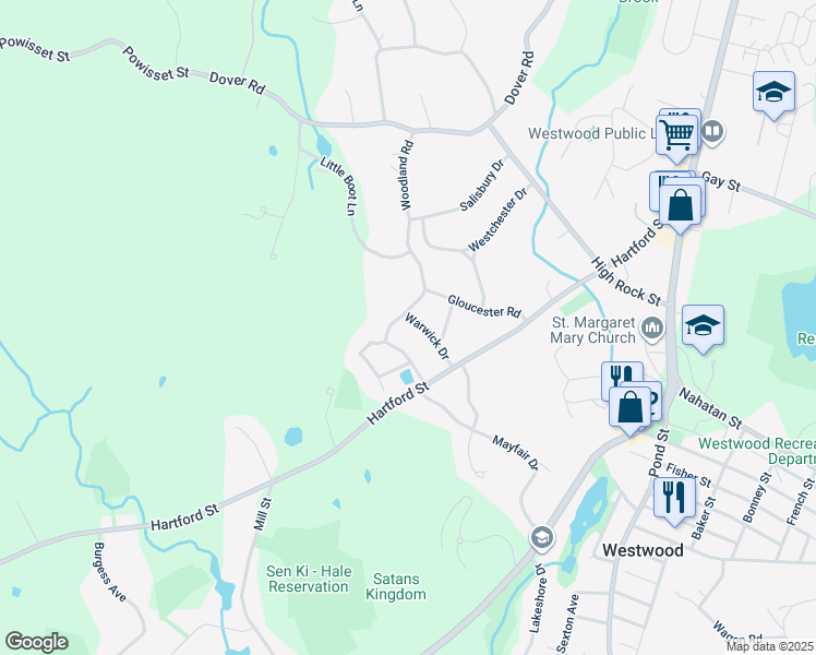 map of restaurants, bars, coffee shops, grocery stores, and more near 60 Warwick Drive in Westwood
