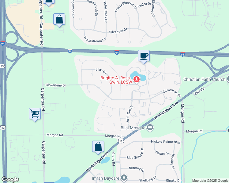 map of restaurants, bars, coffee shops, grocery stores, and more near 4295 Lilac Lane in Ypsilanti