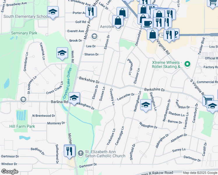 map of restaurants, bars, coffee shops, grocery stores, and more near 355 Berkshire Drive in Crystal Lake