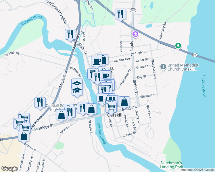 map of restaurants, bars, coffee shops, grocery stores, and more near 422 Main Street in Catskill