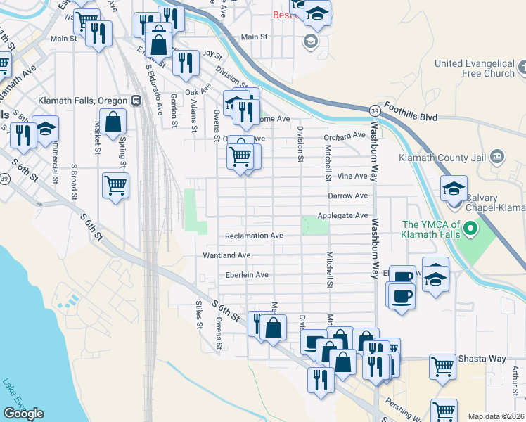 map of restaurants, bars, coffee shops, grocery stores, and more near 2145 Applegate Avenue in Klamath Falls