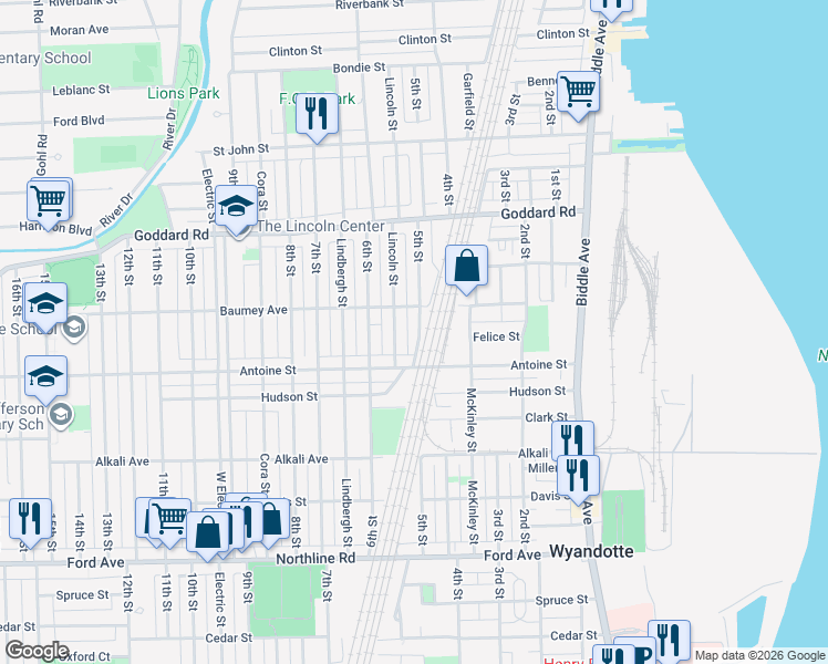 map of restaurants, bars, coffee shops, grocery stores, and more near 1246 5th Street in Wyandotte