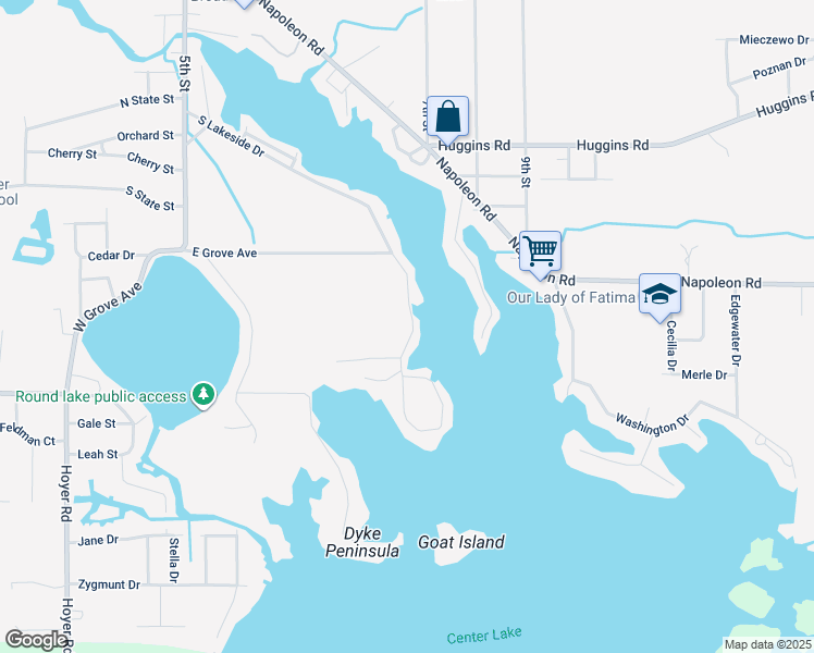 map of restaurants, bars, coffee shops, grocery stores, and more near 630 South Lakeside Drive in Michigan Center