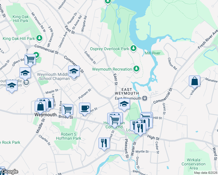 map of restaurants, bars, coffee shops, grocery stores, and more near 29 Drew Ave in Weymouth