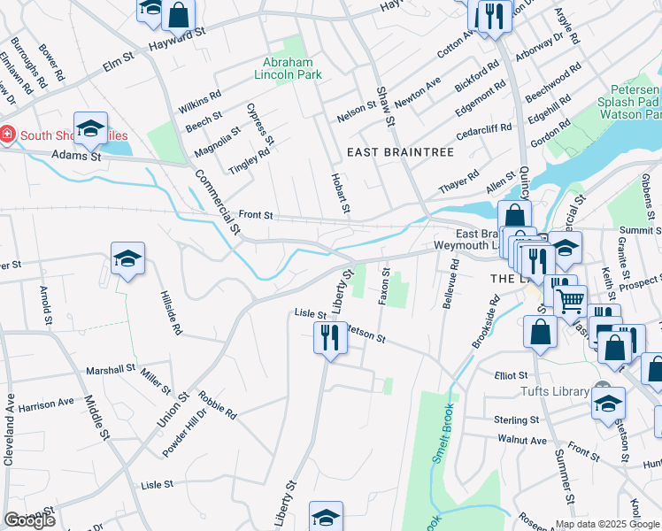 map of restaurants, bars, coffee shops, grocery stores, and more near 706 Union Street in Braintree