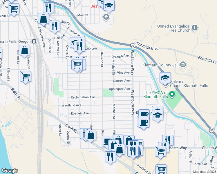 map of restaurants, bars, coffee shops, grocery stores, and more near 2345 Applegate Avenue in Klamath Falls