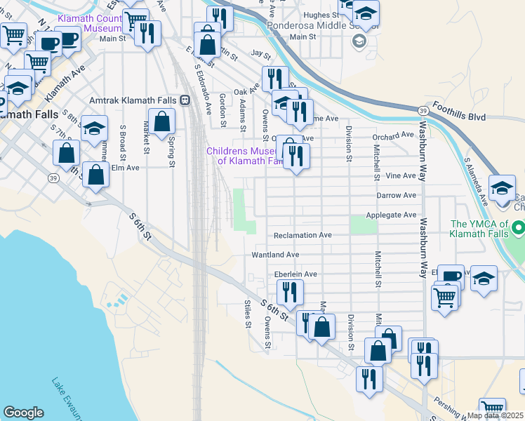 map of restaurants, bars, coffee shops, grocery stores, and more near 930 Owens Street in Klamath Falls