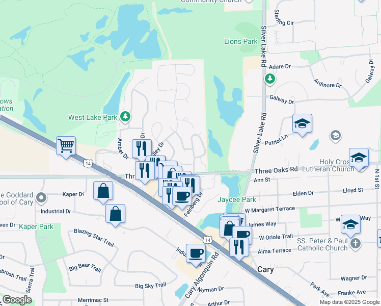 map of restaurants, bars, coffee shops, grocery stores, and more near 32 Bright Oaks Circle in Cary