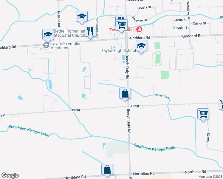 map of restaurants, bars, coffee shops, grocery stores, and more near 26048 Airline Street in Taylor