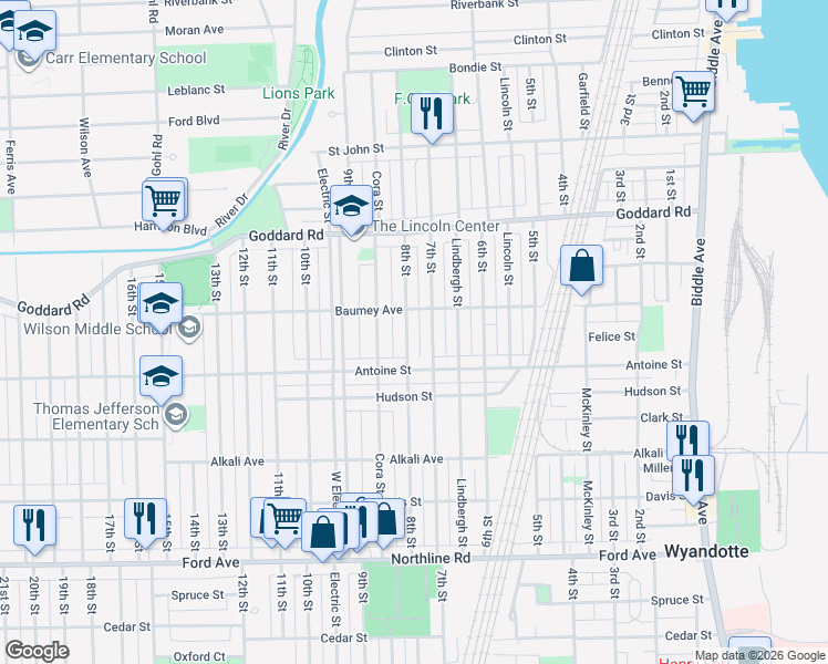 map of restaurants, bars, coffee shops, grocery stores, and more near 1241 8th Street in Wyandotte