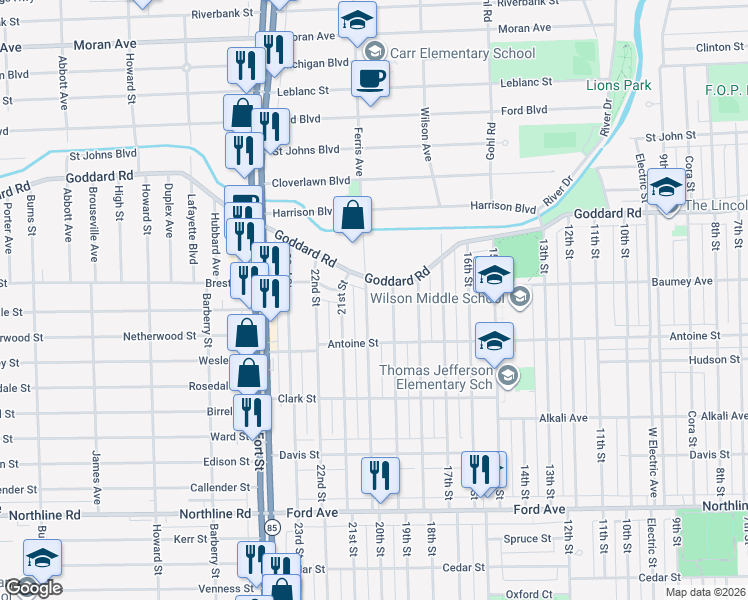 map of restaurants, bars, coffee shops, grocery stores, and more near 1051 20th St in Wyandotte